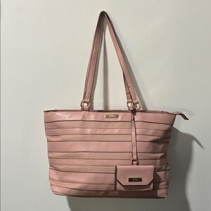 Trina Turk Blush Striped Tote with Cardholder Gold Finish Hardware.